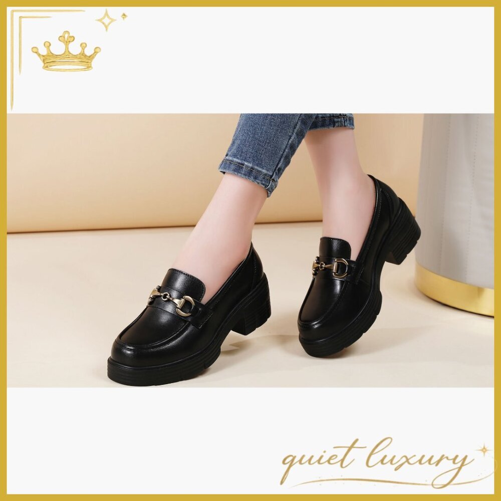 Leather Platform Loafers with Gold Buckle, Chunky Heel Slip-Ons - Picture 7 of 7